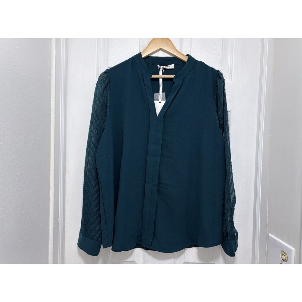 GRACE KARIN Women Blouse Teal Green Sheer Lace Long Sleeve V-Neck Work Top XL